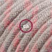 XZ3RD51 Textielkabel strepen motief decoratie in grof linnen en "oud" roze katoen 3 x 0,75