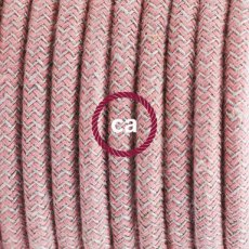 Textielkabel zigzag motief in grof linnen en oud roze katoen 3 x 0,75